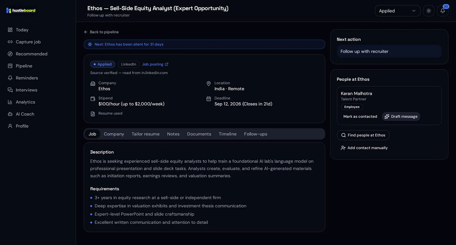 HustleBoard posting detail: role facts read from the job link and a pinned next action