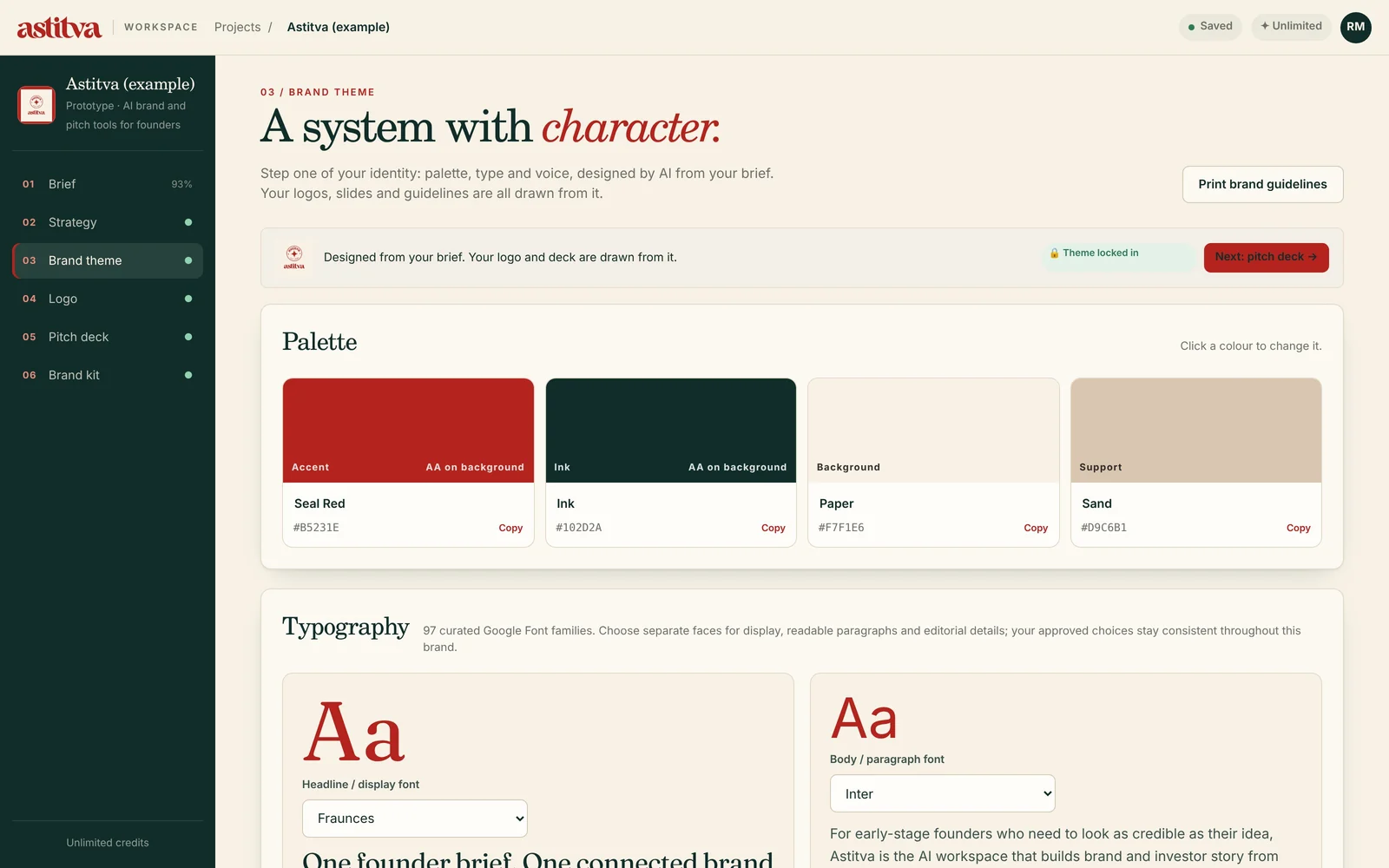 Astitva workspace, brand theme: a four-colour palette and type pairing designed from the strategy
