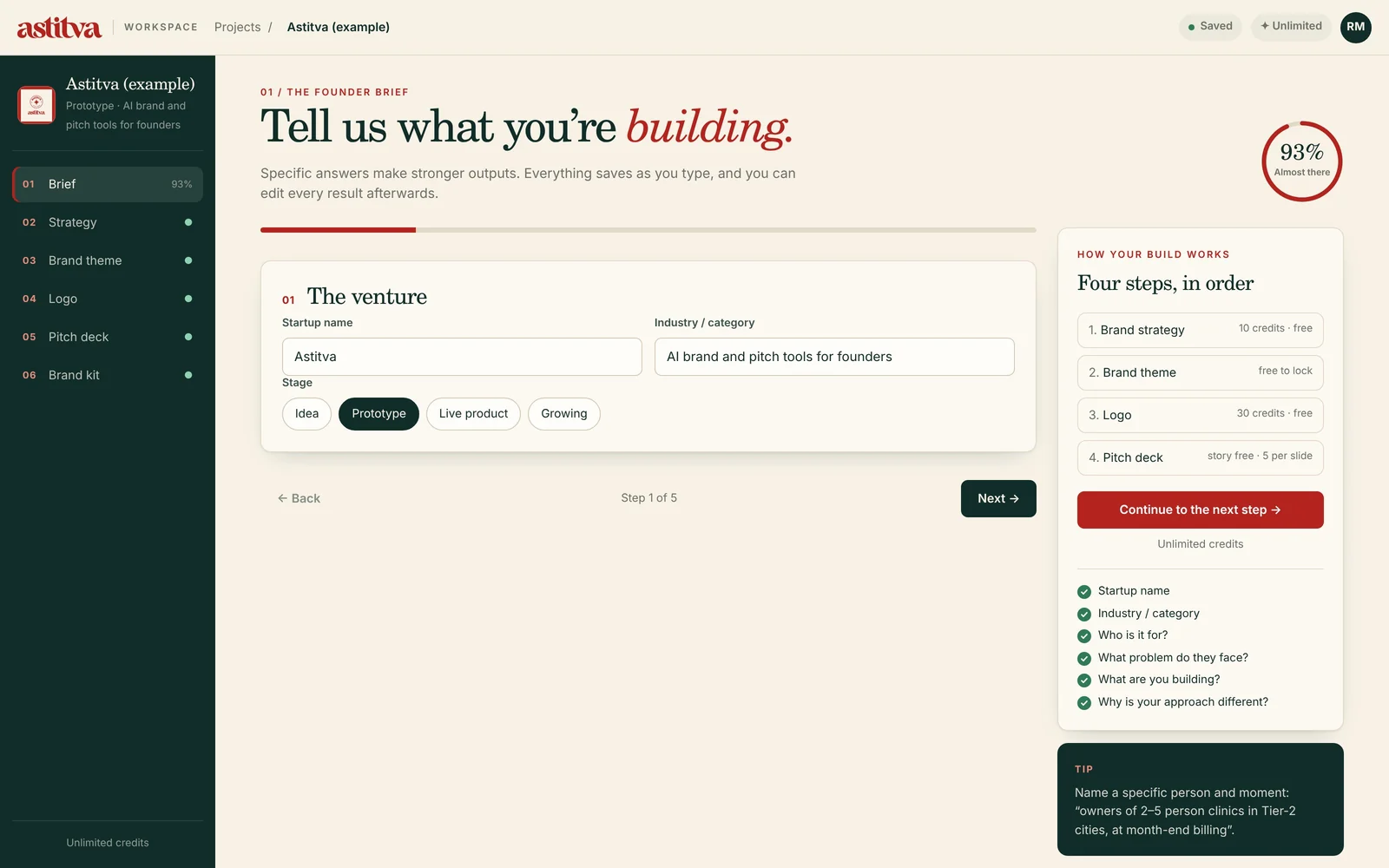 Astitva workspace, founder brief: the venture's name, category and stage, with the four build steps listed alongside