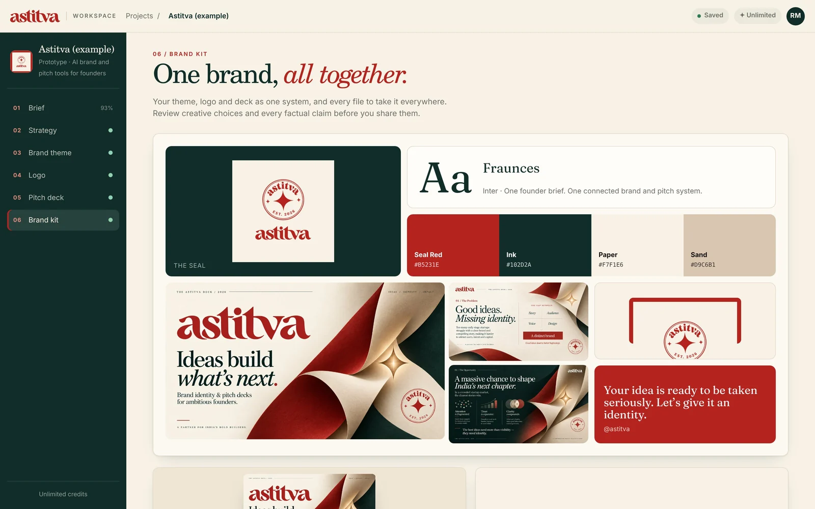 Astitva workspace, brand kit: logo, type, palette and deck brought together as one system