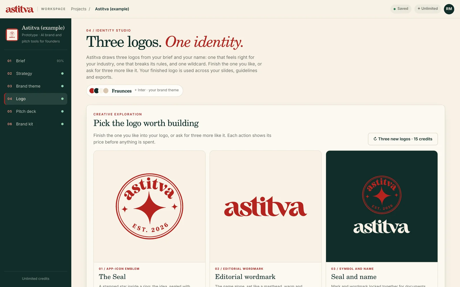 Astitva workspace, identity studio: three logo routes for the brand, an emblem, a wordmark and a combined lockup